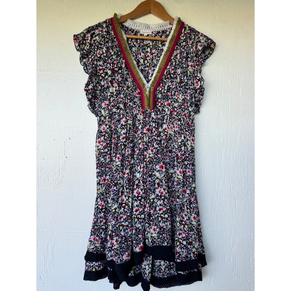 POUPETTE ST BARTH NAVY BLUE FLORAL SASHA PLEATED FLUTTER SLEEVE MINI DRESS LARGE